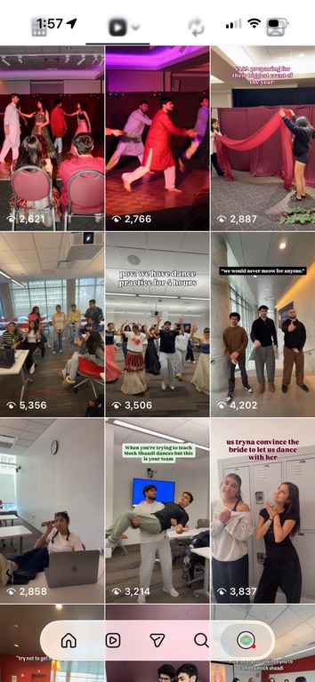 Reels grid of Mock Shaadi rehearsals and performances, each with 2,000–5,000 views