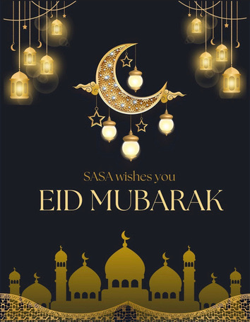 Eid Mubarak post with gold lanterns, crescent moon and mosque silhouette