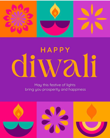 Happy Diwali post with colorful diyas and rangoli patterns