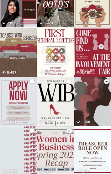 Rebranded Instagram grid in burgundy, cream and grey, with event and recruitment posts