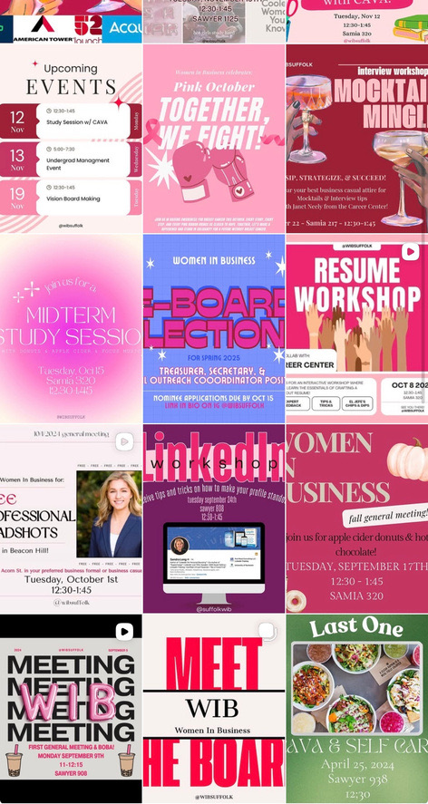 Previous Instagram grid with mixed pink, purple and green post styles