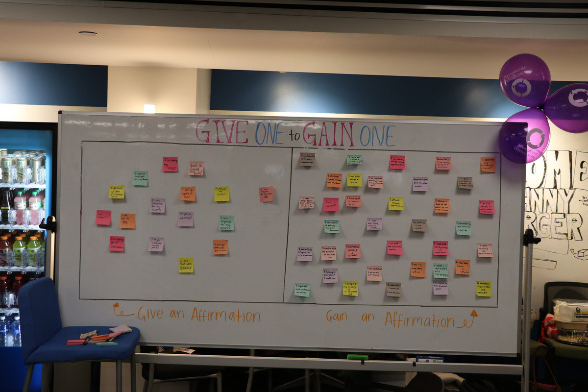 Interactive board covered in sticky notes from attendees