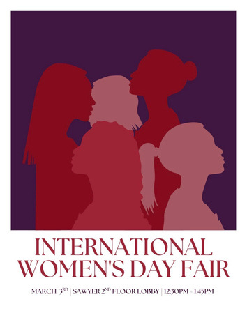 International Women's Day Fair poster with illustrated women in burgundy and pink