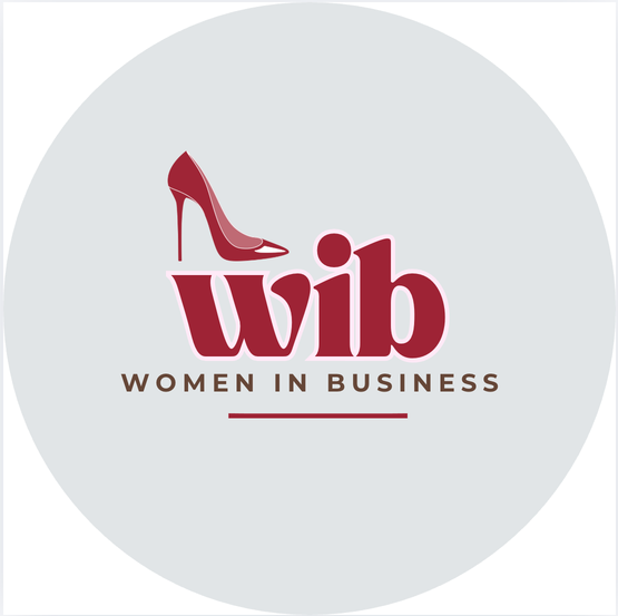 New Women in Business logo: burgundy lowercase wib with a red stiletto in a grey circle